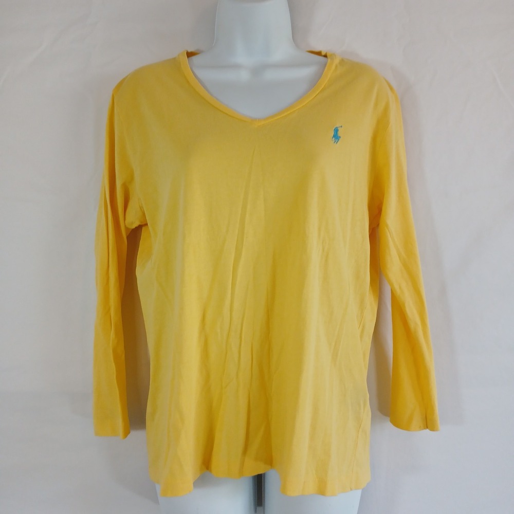 Ralph Lauren Sport Top Yellow Blue Logo V Neck Sz L Casual Travel Preppy Work